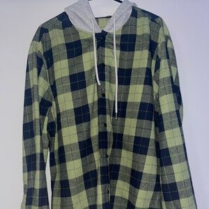 Green Hooded Plaid Button Up